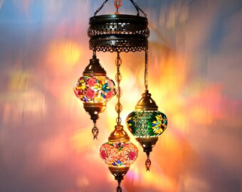 GrMoonde 3 Globe Chandelier Lamp, Turkish Mosaic Pendant Lamp, Moroccan Mosaic Hanging Ceiling Lamp, Transparent Authentic Lantern Lighting