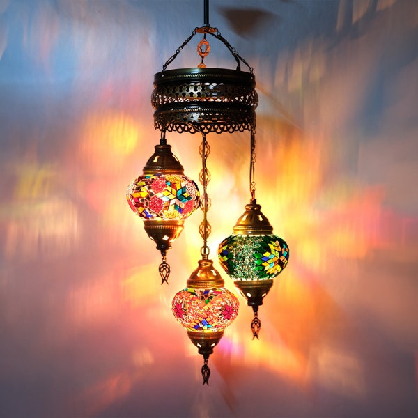 Lustres turcs, lampe Grmoonde 3 Globe authentique, suspension lumineuse en mosaïque turque, lampe suspendue marocaine, éclairage de plafond lanterne turque