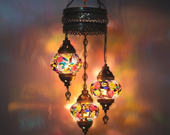 GrMoonde 3 Globe Turkish Mosaic Pendant Lamp, Chandelier Lamp, Moroccan Mosaic Hanging Ceiling Lamp, Transparent Authentic Lantern Lighting