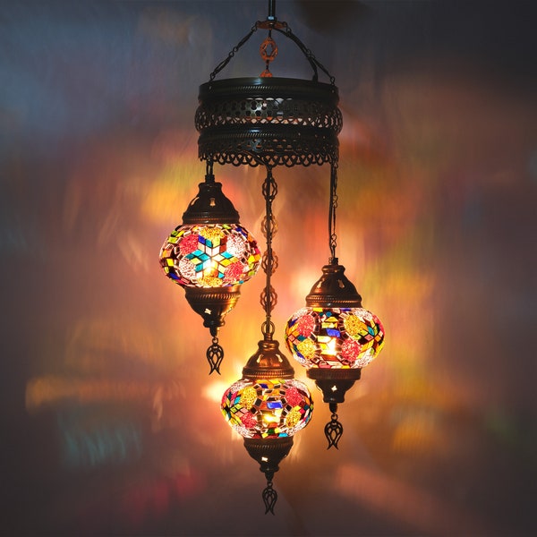 Turkish Chandelier,  3 Globe Turkish Mosaic Pendant Lamp, Chandelier Lamp, Moroccan Mosaic Hanging Ceiling Lamp, Authentic Turkish  Lantern