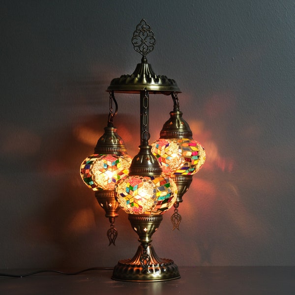 Turkish Lamp, Turkish Mosaic Lamp, Moroccan 3 Globe Table Lamp, Authentic Home Design, Modern Lighting Decorations, Grmoonde Lamp Design,