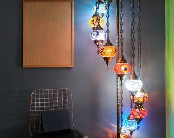 GrMoonde 11 Lampada da terra a mosaico, turco marocchino, design della lampada marocchina, autentico arredamento per la casa, lampada da terra a 11 globi, illuminazione moderna