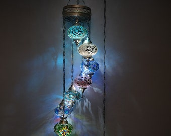 Türkische Pendelleuchte, 7 Globe Spiralhängelampe, marokkanische Pendelbeleuchtung, türkische Lampe, 7-Zoll-Globus, türkische Deckenbeleuchtung,