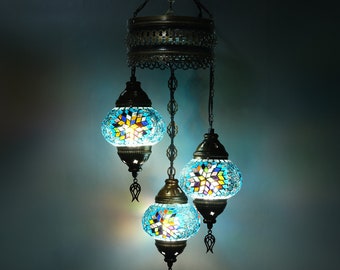 GrMoonde 3 Globe Chandelier Lamp, Turkish Mosaic Pendant Lamp, Moroccan Mosaic Hanging Ceiling Lamp, Transparent Authentic Lantern Lighting