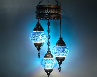 Plafonnier suspendu en mosaïque marocaine à 3 globes GrMoonde, suspension lumineuse en mosaïque turque, lampe lustre, éclairage de lanterne authentique transparent