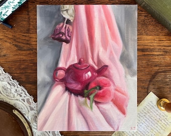 Still Life Original Oil Painting, Pink Peach Teapot, Signed Handmade Original Art (8x10)