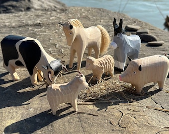 Houten boerderijdieren Waldorf houten speelgoed Houten speelgoeddier Waldorf speelgoed Houten Montessori Speelgoed Koe Paard Schaap Ezel Varken Boerderij