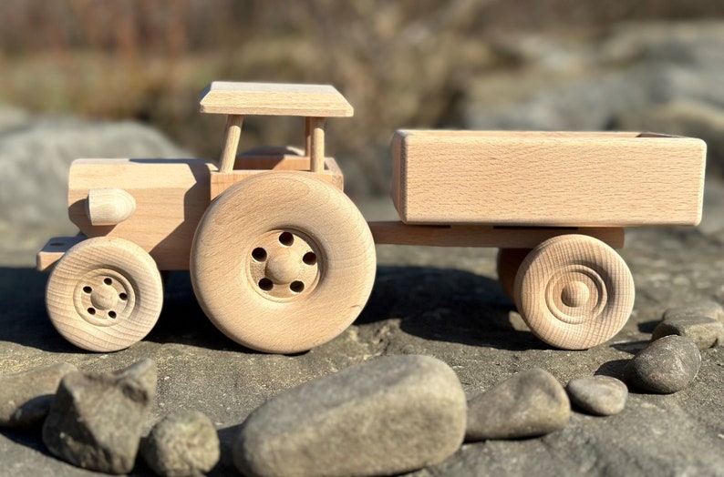 Wooden Tractor with Trailer Eco Toys For Kids Gift Handmade Natural Toddler Toys Truck image 3