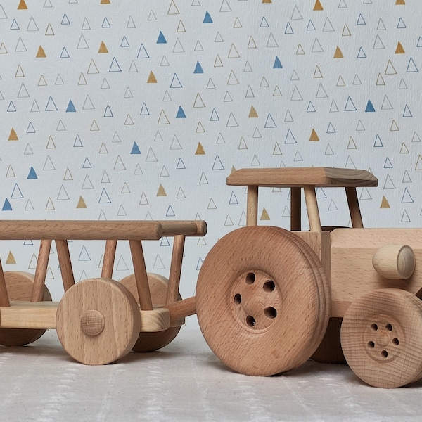 Holztraktor mit Anhänger Spielzeug für Kinder Geschenk Handgefertigtes Holzspielzeug Kleinkind LKW Bauernhof Auto Tiere