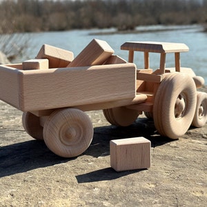 Wooden Tractor with Trailer Eco Toys For Kids Gift Handmade Natural Toddler Toys Truck image 6