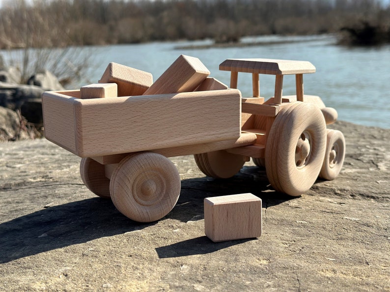 Wooden Tractor with Trailer Eco Toys For Kids Gift Handmade Natural Toddler Toys Truck image 6