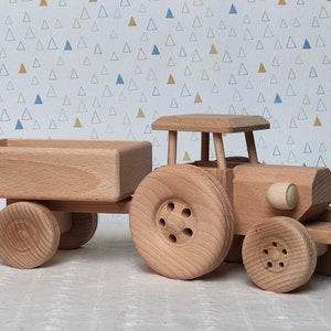 Wooden Tractor with Trailer Eco Toys For Kids Gift Handmade Natural Toddler Toys Truck image 1