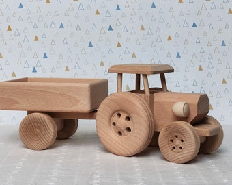 Wooden Tractor with Trailer Eco Toys For Kids Gift Handmade Natural Toddler Toys Truck