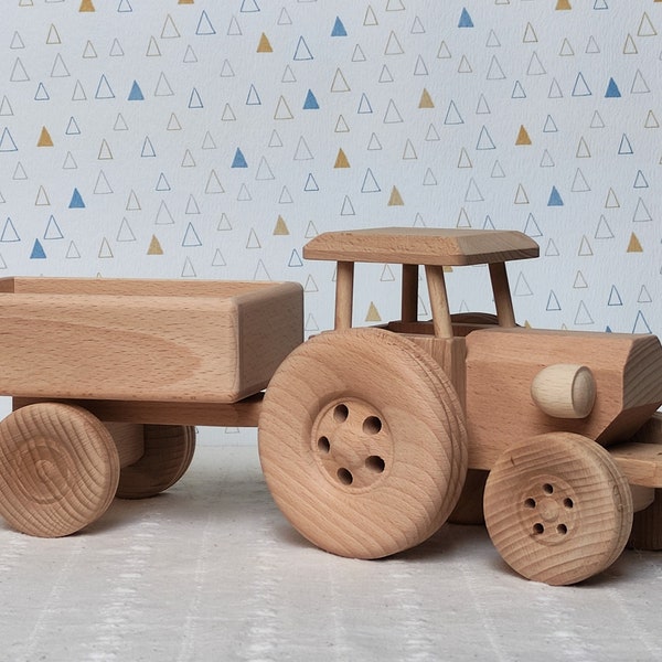 Wooden Tractor with trailer Eco Toys For Kid Gift Handmade Wood Toddler Toy Truck Car Farm