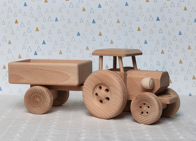 Wooden Tractor with Trailer Eco Toys For Kids Gift Handmade Natural Toddler Toys Truck image 1