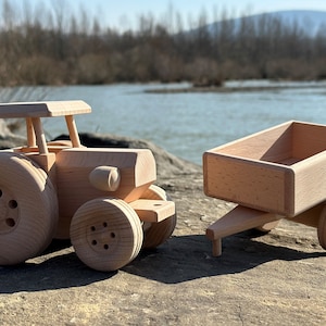 Wooden Tractor with Trailer Eco Toys For Kids Gift Handmade Natural Toddler Toys Truck image 4