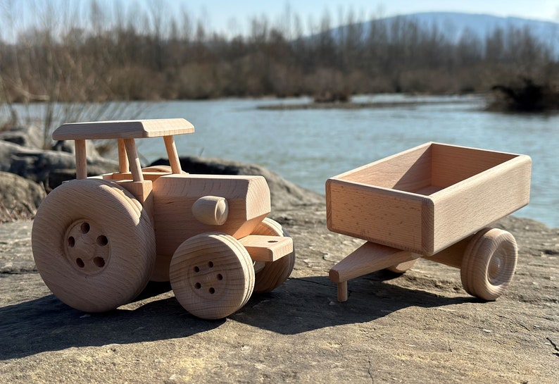 Wooden Tractor with Trailer Eco Toys For Kids Gift Handmade Natural Toddler Toys Truck image 4