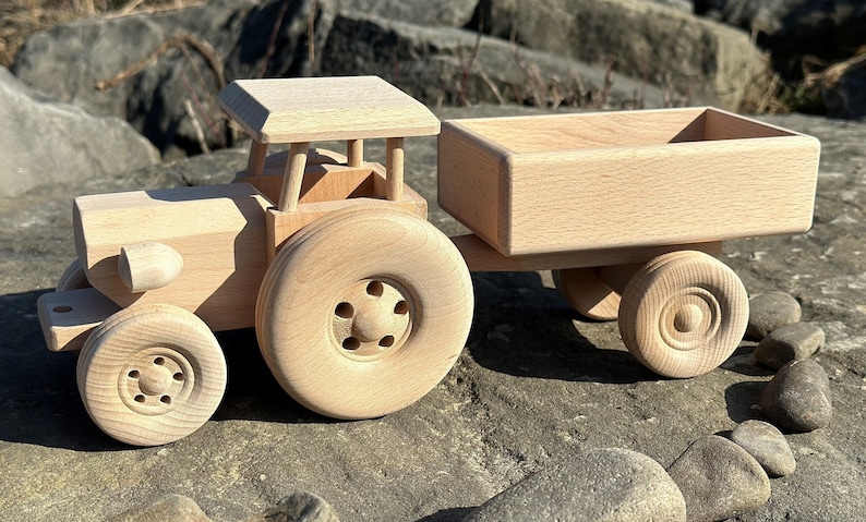 Wooden Tractor with Trailer Eco Toys For Kids Gift Handmade Natural Toddler Toys Truck image 2
