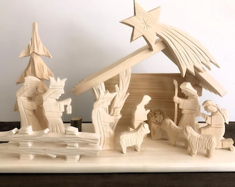 Christmas Nativity set in wooden stable Nativity scene Handmade Christmas Decoration nativity figures Jesus Mary Joseph Holy Land Stable