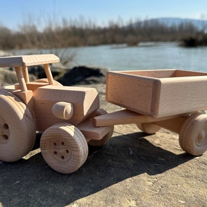 Wooden Tractor with Trailer Eco Toys For Kids Gift Handmade Natural Toddler Toys Truck image 5