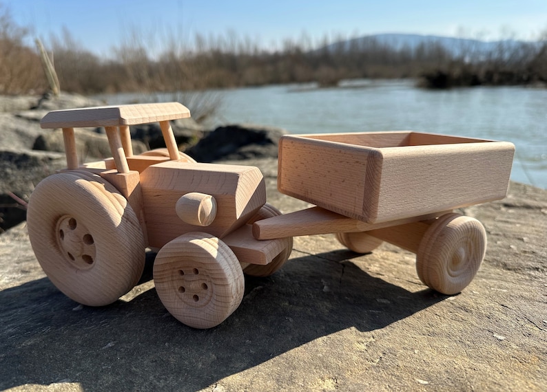 Wooden Tractor with Trailer Eco Toys For Kids Gift Handmade Natural Toddler Toys Truck image 5