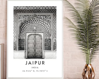 Arte mural imprimible de Jaipur, descarga instantánea de arte mural de viaje con puertas de Jaipur, póster minimalista de Jaipur con coordenadas del Palacio de la Ciudad de Jaipur.