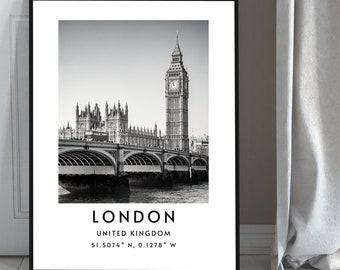 Instant Download London Wall Art, Minimalist Printable Wall Art, London Big Ben Print, Minimalist Travel London, London coordinates