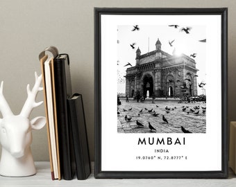 Mumbai Wand Kunst, sofortiger Download Mumbai Druck, Mumbai Poster Druck, minimalistische Mumbaigateway of India Druckkoordinaten schwarz und weiß