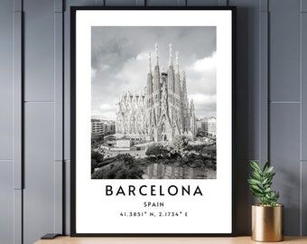 Schwarzweiße Barcelona druckbare Wandkunst, sofortiger Download Barcelona Poster, minimalistischer Barcelona Druck, Gaudi Kathedrale Koordinaten