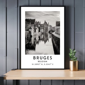 Bruges Wall Art Printable, Instant Download Bruges Canal Wall Art, Bruges Belgium Monochrome Printable, Bruges Coordinates Print, Printable