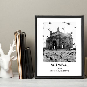 Mumbai Wall Art, Instant Download Mumbai Print, Mumbai Poster Print, Minimalist Mumbai Gateway of India Print Coordinates Black and White