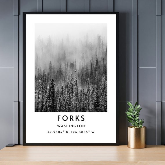 Forks Twilight Poster Instant Download , Printable Forks Washington Print, Minimalist Forks Twilight Coordinates, Forks Black & White
