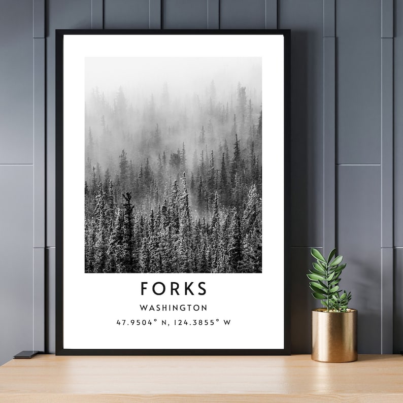 May include: Black and white photograph of a misty forest with the text "FORKS WASHINGTON 47.9504&deg; N, 124.3855&deg; W" printed below.