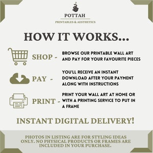 May include: A graphic with instructions on how to purchase and download printable wall art. The graphic features icons for shopping, paying, and printing. The text reads "How it works... Shop - Browse our printable wall art and pay for your favourite pieces. Pay - You'll receive an instant download after your payment along with instructions. Print - Print your wall art at home or with a printing service to put in a frame. Instant Digital Delivery! Photos in listing are for styling ideas only. No physical products or frames are included in your purchase."