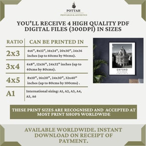 K&ouml;nnte beinhalten: Ein digitaler Download von druckbarem Kunstwerk mit einem Schwarzwei&szlig;foto der Universit&auml;t Oxford im Vereinigten K&ouml;nigreich. Das Bild ist in vier Gr&ouml;&szlig;en erh&auml;ltlich: 4x6 Zoll, 8x12 Zoll, 16x24 Zoll, 20x30 Zoll und 24x36 Zoll. Der Text "Oxford, Vereinigtes K&ouml;nigreich" ist unter dem Bild gedruckt.