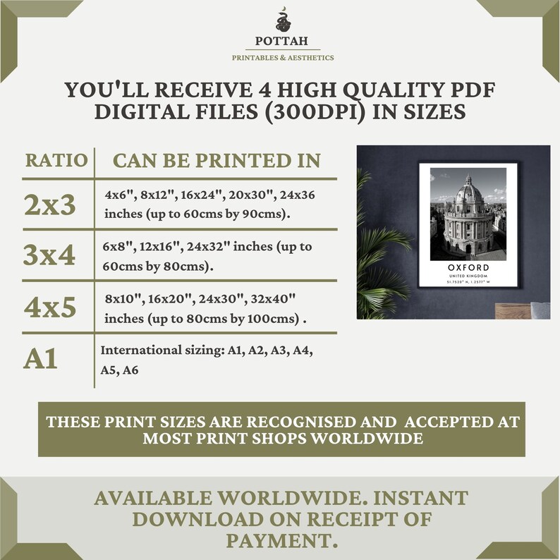K&ouml;nnte beinhalten: Ein digitaler Download von druckbarem Kunstwerk mit einem Schwarzwei&szlig;foto der Universit&auml;t Oxford im Vereinigten K&ouml;nigreich. Das Bild ist in vier Gr&ouml;&szlig;en erh&auml;ltlich: 4x6 Zoll, 8x12 Zoll, 16x24 Zoll, 20x30 Zoll und 24x36 Zoll. Der Text "Oxford, Vereinigtes K&ouml;nigreich" ist unter dem Bild gedruckt.