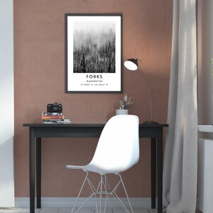 May include: Black and white photo print of a foggy forest with the text "FORKS WASHINGTON 47.9506&deg; N, 124.3855&deg; W" at the bottom.