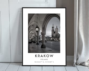 Krakau Wandkunst, Sofortiger Download Krakau Minimalistische Wandkunst, Krakau Platz Monochrome Galerie Wandkunst, Minimalistische Krakau Koordinaten Print