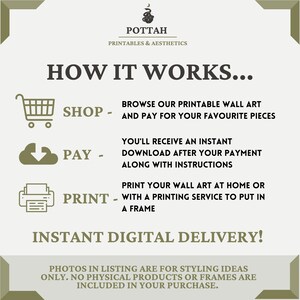 Puede incluir: Un gr&aacute;fico con el texto "HOW IT WORKS..." y tres pasos: "SHOP - BROWSE OUR PRINTABLE WALL ART AND PAY FOR YOUR FAVOURITE PIECES", "PAY - YOU'LL RECEIVE AN INSTANT DOWNLOAD AFTER YOUR PAYMENT ALONG WITH INSTRUCTIONS" y "PRINT - PRINT YOUR WALL ART AT HOME OR WITH A PRINTING SERVICE TO PUT IN A FRAME". El gr&aacute;fico tambi&eacute;n incluye el texto "INSTANT DIGITAL DELIVERY!" y "PHOTOS IN LISTING ARE FOR STYLING IDEAS ONLY. NO PHYSICAL PRODUCTS OR FRAMES ARE INCLUDED IN YOUR PURCHASE."