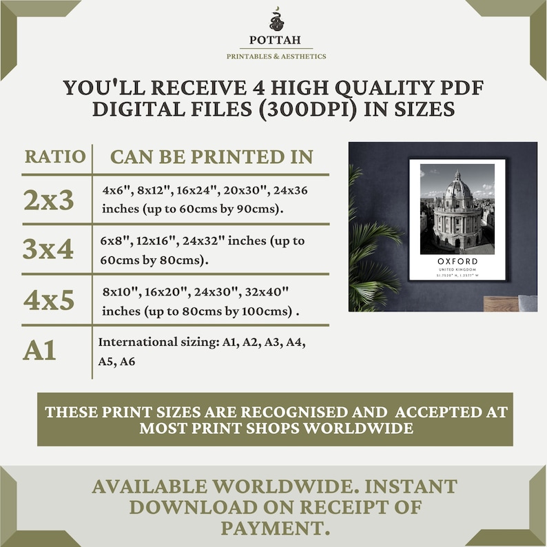 May include: A digital download of printable art featuring a black and white photograph of Oxford University in the United Kingdom. The image is available in four sizes: 4x6 inches, 8x12 inches, 16x24 inches, 20x30 inches, and 24x36 inches. The text "Oxford, United Kingdom" is printed below the image.