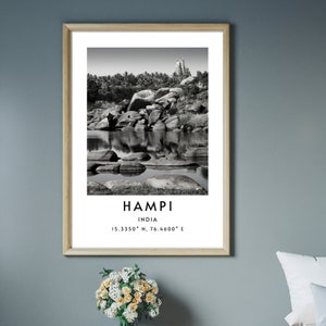 Hampi India Printable Wall Art, Instant Download Hampi Travel Wall Art, Minimalist Hampi Print Coordinates, Hampi River India Wall Art