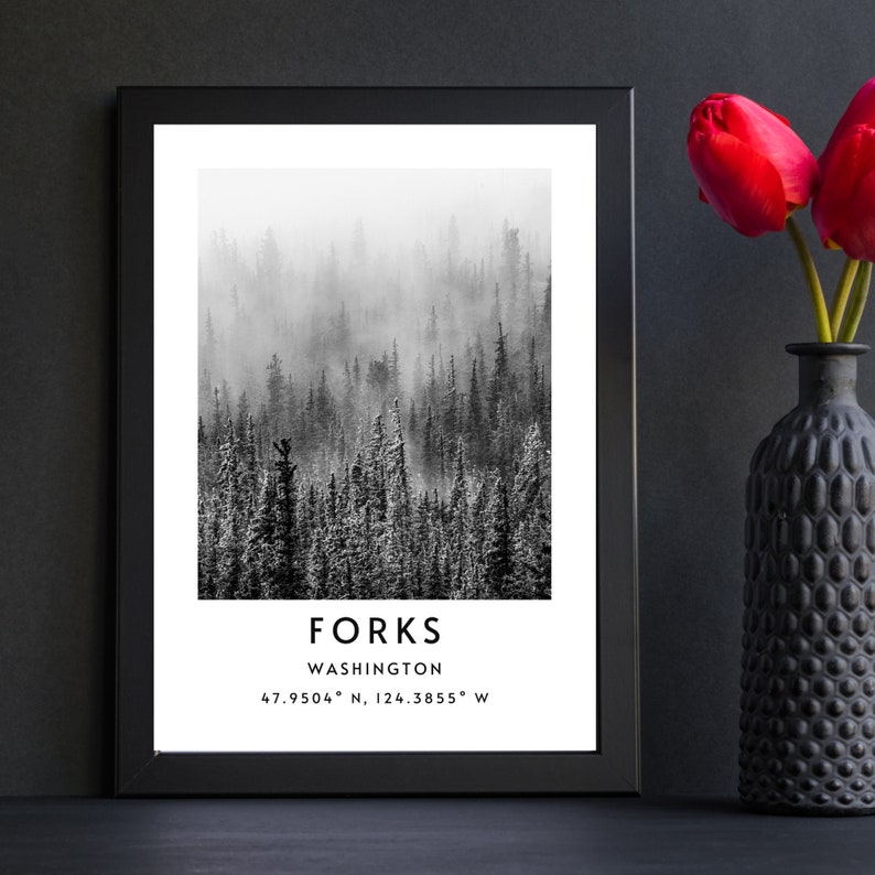 May include: Black and white photograph of a misty forest with the text "FORKS WASHINGTON 47.9504&deg; N, 124.3855&deg; W" printed below.