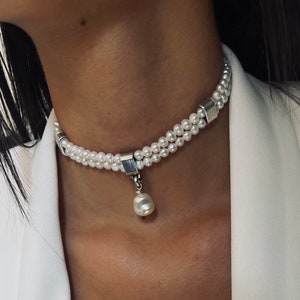 Collar de perlas, gargantilla de perlas, gargantilla de plata y perlas, collar de perlas, collar de perlas en capas.