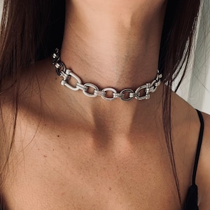 Halsband Choker Frauen, Silber Choker, Gliederkette Halsband, Statement Silber Kette, Toggle Silber Kette, edgy Silberkette.