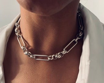 Chunky choker necklace, statement silver choker, twisted round link chain collar , punk day collar, link chain collar,trendy toggle necklace