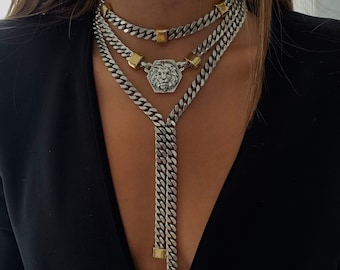 Statement gold necklace, long necklace , silver necklace, Chunky gold/ silver choker, Lion necklace,lariat necklace, mixed metal necklace.