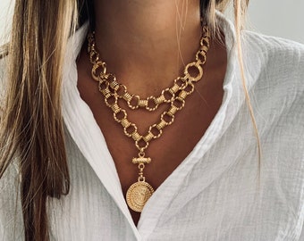 Coin necklace , statement necklace O ring necklace , link chain necklace, gold chunky necklace, layered necklace, vintage jewelry
