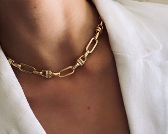 Chunky choker, statement choker , minimalist gold necklace , rectangle link chain, day collar,  trendy vintage necklace, choker necklace