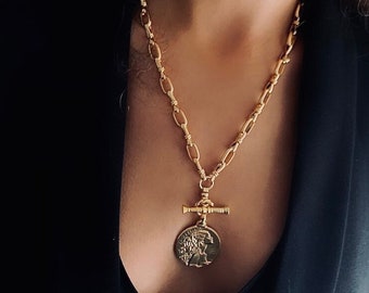 Coin necklace, toggle clasp necklace, chunky link chain necklace,statement coin necklace , ancient coin , long necklace,