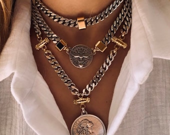 Statement necklace , coin collar, medallion necklace, chunky  choker, mixed metal necklace,layered necklace, day collar ,punk jewelry